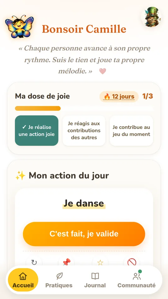 Application de gratitude gratuite Joie : l'écran d'accueil avec l'action joie du jour