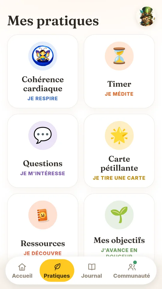 Pratiques de bien-être de Joie : cohérence cardiaque, minuteur de méditation, questions, cartes