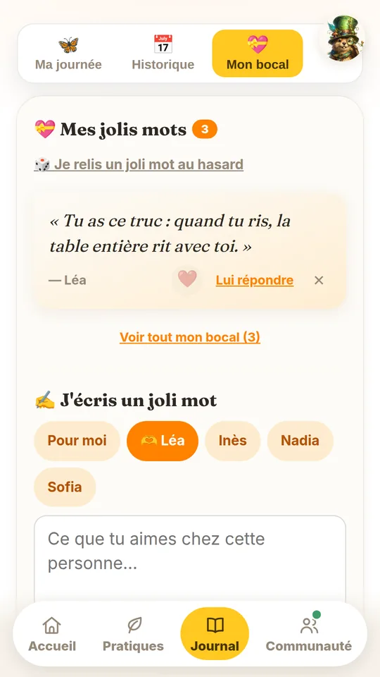 Application de gratitude gratuite Joie : le bocal à jolis mots