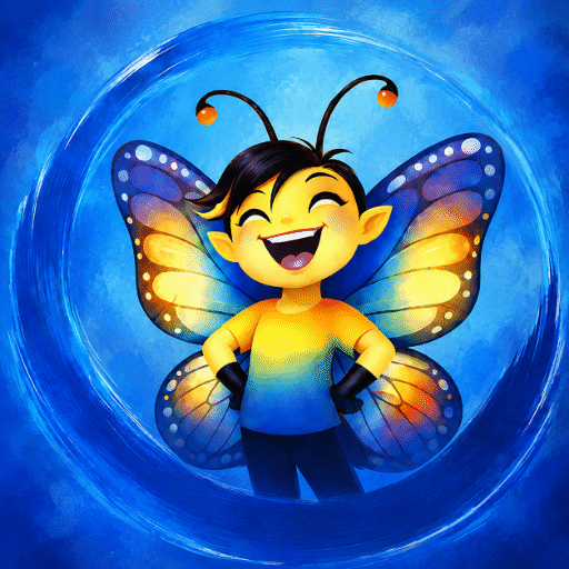 Joie, application de gratitude gratuite : l'icône avec Néon, le papillon souriant, sur fond bleu